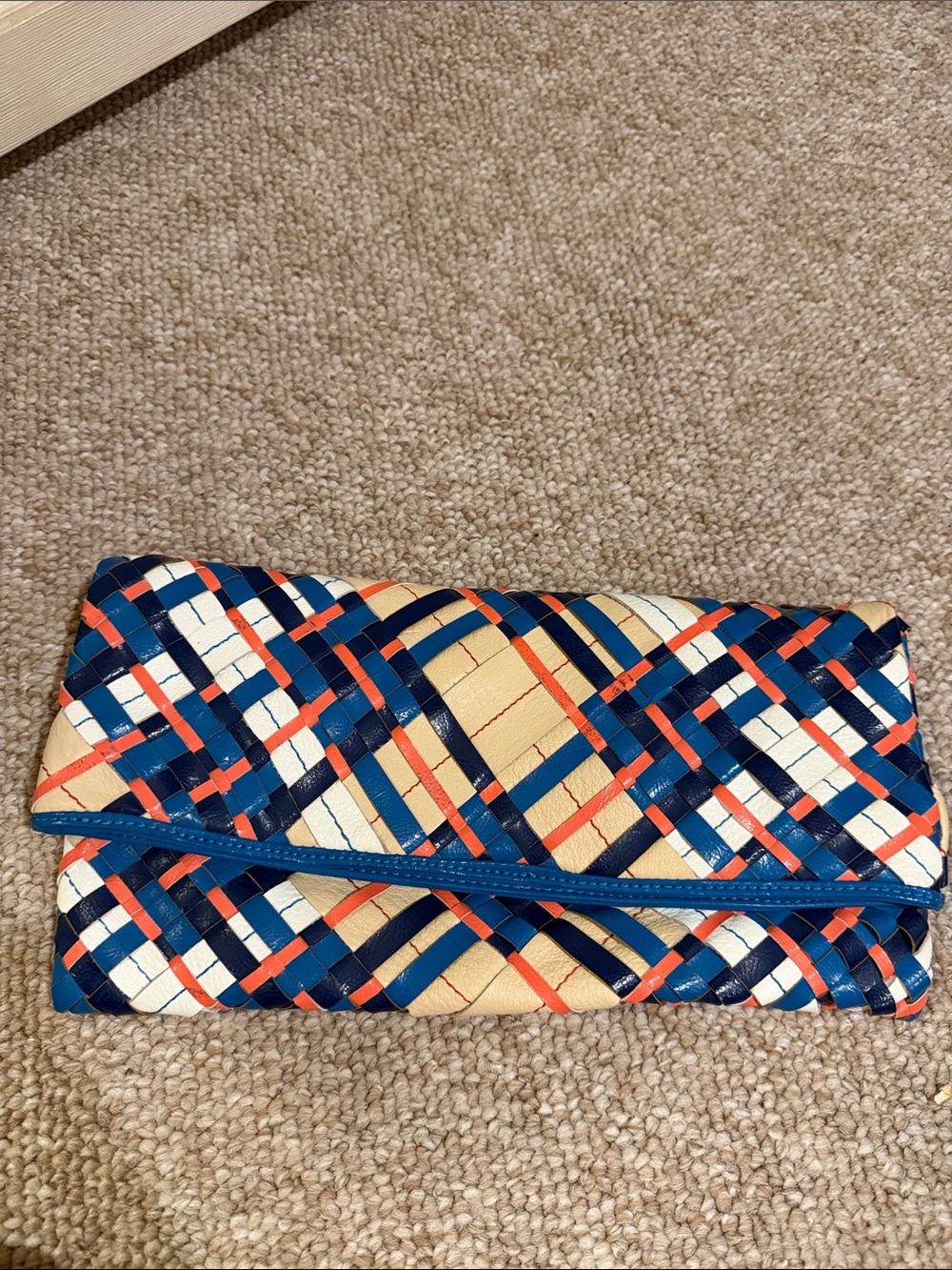 London Fog Woven Plaid Clutch in Blue, White & Tan with Orange Accents